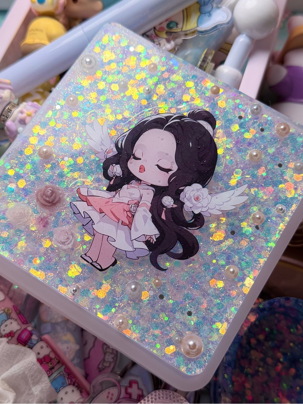 SkullPanda Holographic Angel Kawaii Sticker Coaster - Pink & Pearl Accents DIY